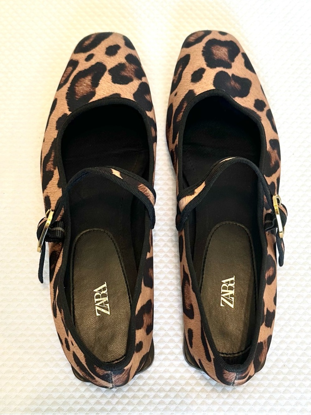 Zara Leopard-Print Mary Jane Ballet Flats in Tan & Black Gold Buckle Satin Like - Picture 4 of 7